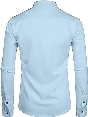 Mildin MenS Regular Cotton Blend Sky Blue Slim Fit Solid Button Down Mandarin Chinese Collar Full Sleeve Curved Hemline Casual