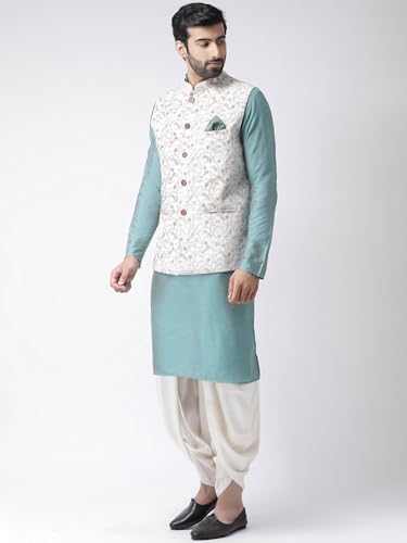 Men Multi Coloured Printed Cotton Blend Kurta Jacket Dhoti Set With Kantha Print
