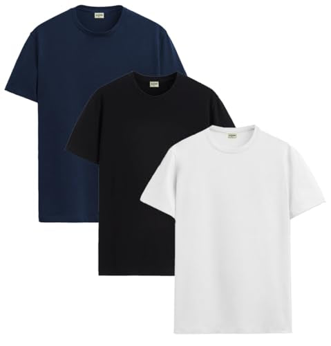 ADRO Men's Solid Regular Fit T-Shirt (RCM3-PLN-NB-BL-WH_Navy,Black,White