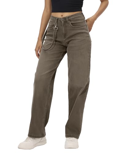 The Souled Store Solids: Faded Brown Straight Fit Wide Leg Cotton Blend Jeans for Women and Girls - Embrace Comfort and Style in