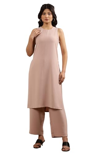W for Woman Pink Sleeveless Solid Straight Kurta and Pants Set