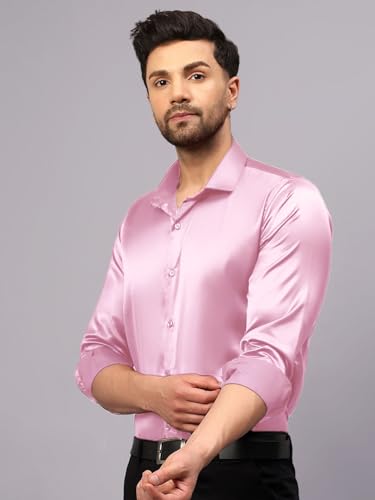 Indoprimo MenS Premium Solid Satin Casual Party Shirt Full Sleeve Baby Pink