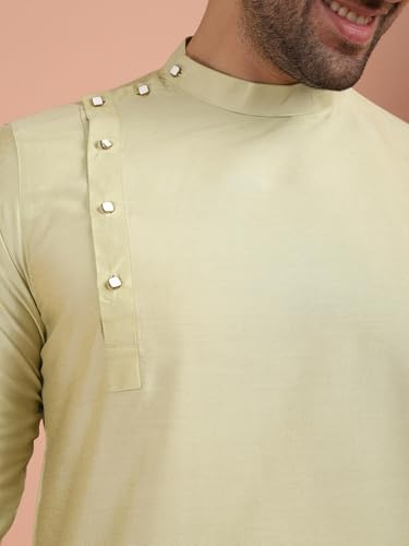 Kisah Men Peach-Coloured Solid Banarasi Straight Kurta Full Sleaves, Knee Length, Straight, Regular Fit, Mandarin Collar Ethnic