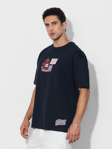 The Souled Store Original: Ghost Writer Men and Boys Short Sleeves Round Neck Navy Blue Graphic Printed Cotton Oversized T-Shirt