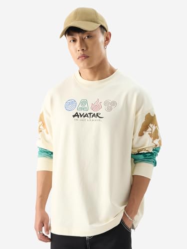 The Souled Store Official Avatar: Aang And Appa Round Neck Beige Graphic Print 100% Cotton Oversized Fit Full Sleeve T-Shirts Ov