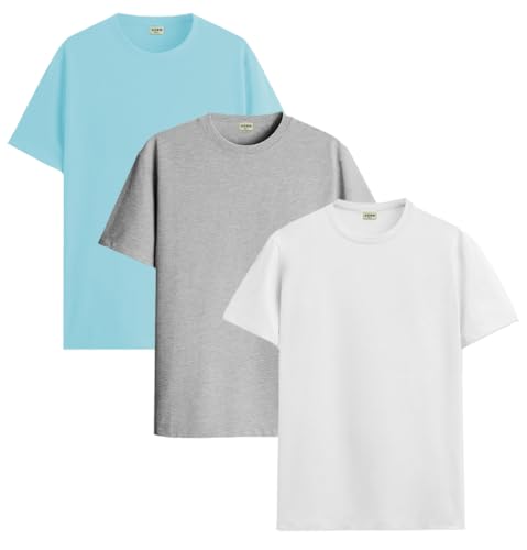 ADRO Men's Solid Regular Fit T-Shirt (RCM3-PLN-MI-WH-GR_Mint,White,Grey