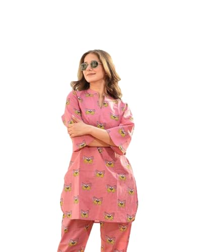 Pujia Mills Co ord Set for Woman Cotton Stylish Printed Ethnic wear Cotton Kurti Pair with V Neck Collor and 3/4 Sleeve Length