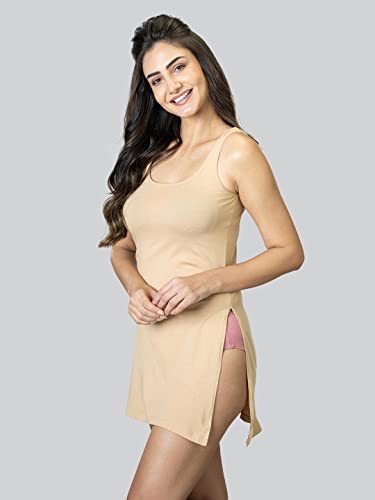 Lyra WomenS Pure Cotton Stretchable Camisole/Kurti Slip With High Side Slits Beige