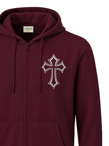 ADRO Mens Regular Fit Maroon Zip-Up Hoodie for Man | 320 GSM Cotton Poly Fleece Zipper Sweatshirt with Soft Fabric & Printed Hoo