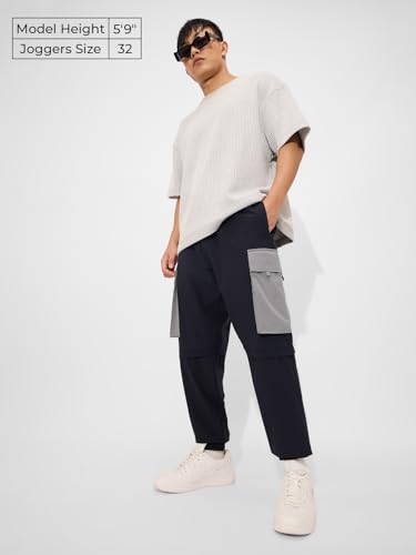 The Souled Store Solids: Navy Blue and Grey Men and Boys Drawstringed Baggy Fit Cargo Joggers