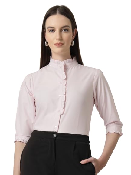 Style Quotient Women Pink Shirt with 3/4th Sleeves & Front Frill