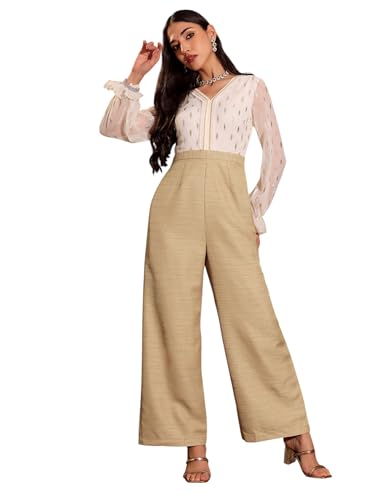 Miss Chase WomenS V-Neck Bishop Sleeve Self Design Frilled Regular-Length Polyester Jumpsuit (Mcss25D92-38-308-04, Off White & B
