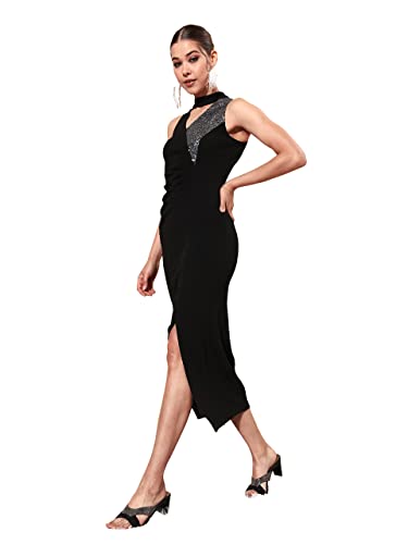 Miss Chase WomenS Black & Silver Choker Neck Sleeveless Embellished Midi Dress (Mcss22D13-67-242-04, Black & Silver, M)
