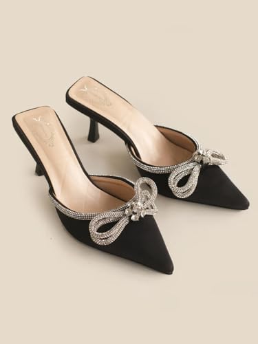 Shoetopia WomenS Black Elegant Ivory Satin Mule Heels With Crystal Bow  Pointed Toe Slip-On Dress Rhinestone For Party Or Eveni