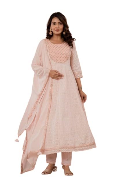 VARANGA Women Foil Printed Embroidered Schiffli Anarkali Kurta Paired With Bottom And Dupatta