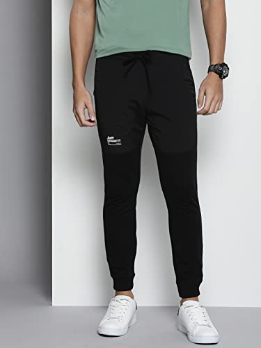 The Indian Garage Co Men Slim Fit Placement Print Mid-Rise Knitted Joggers Black