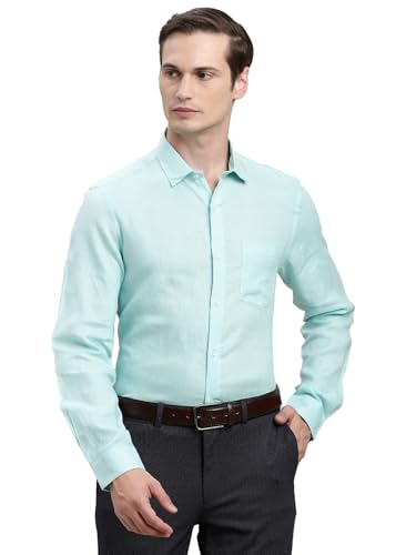 Turtle Men Mint Green Slim Fit Solid Pure Linen Formal Shirt