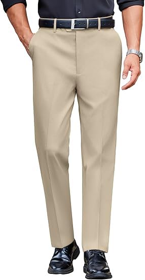 CB-COLEBROOK Mens Classic Formal Premium Dress Pants Expandable Waist Suit Pant Slim Fit Flat Front Slacks Ankle Fit Trousers fo