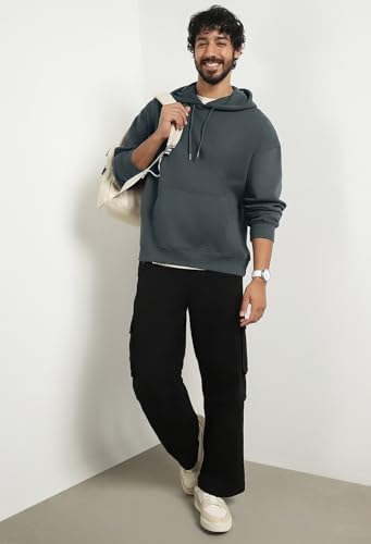 Nobero MenS Cotton Blend Neck Hooded Sweatshirt (1M-Twho-R0041_Graphite