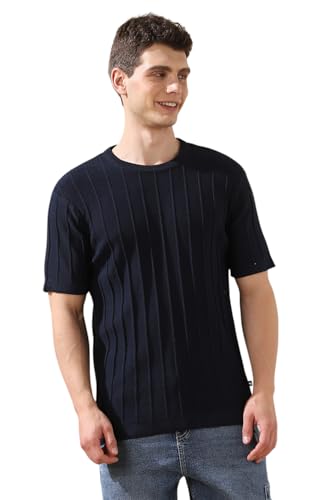 Dennis Lingo Men Navy Textured Round Neck Half Sleeves Regular Fit T-Shirts