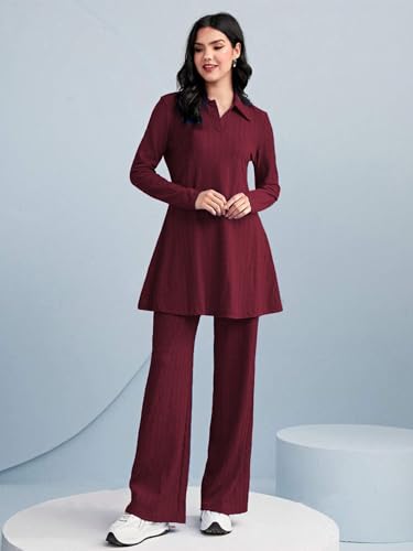 TADKEE Womens Solid Color Two-Piece Set | Long Sleeve Top & Wide Leg Pants Co-ord Set | Casual Wear Co ord Set (FN-Full-Sleeve-