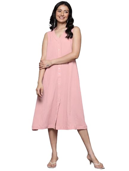 Varanga Women Peach Front Placket Deatiled A-Line Dress