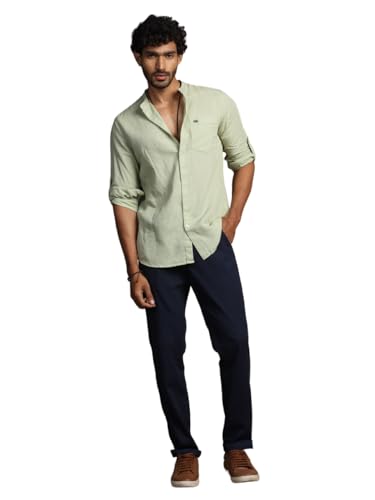 Thomas Scott 100% Cotton Linen Mandarin Collar Roll Up Sleeve Casual Shirts For Mens Pista
