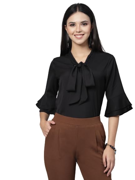 Style Quotient Women Solid Black Polymoss Regular Formal Top