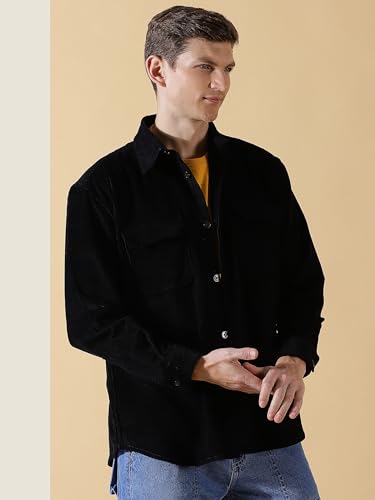 Thomas Scott Mens | Full Sleeve | Corduroy | Double Pockets | Relaxed Fit | 100% Cotton | Spread Collar | Casual | Shirts (Black