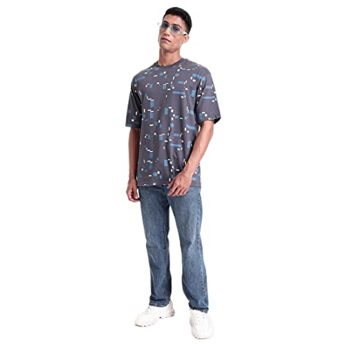 Bewakoof Mens Geometric All Over Print Blue Round Neck Half Sleeve Oversized T-Shirt