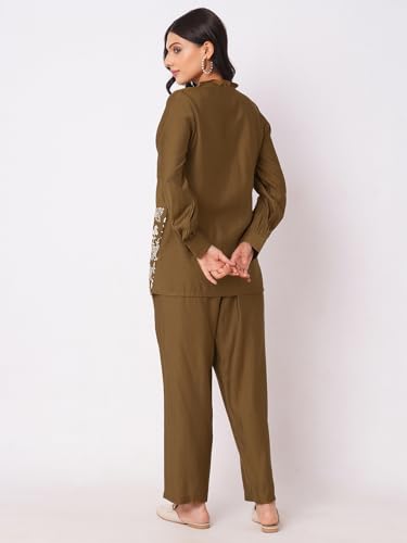 Selvia Co-ords Set for Women|Cotton Blend Shirt and Trouser Set|Casual Co-ords Set for Women|Embroidery Two Piece Co-ord Set(681