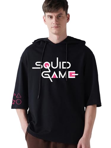 Bewakoof Heavy Duty 1.0 Official Squid Game Merchandise Men Graphic Print Oversized Fit Half Sleeve Hooded Terry; 100% Cotton T-