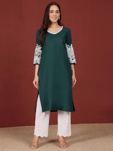 Varanga Women Thread Work Grandeur & Majestic Artwork Kurta Green