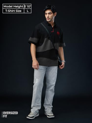 The Souled Store Spider-Man: Miles Morales Men and Boys Short Sleeves Collared Neck Button Front Black Embroidered Cotton Oversi