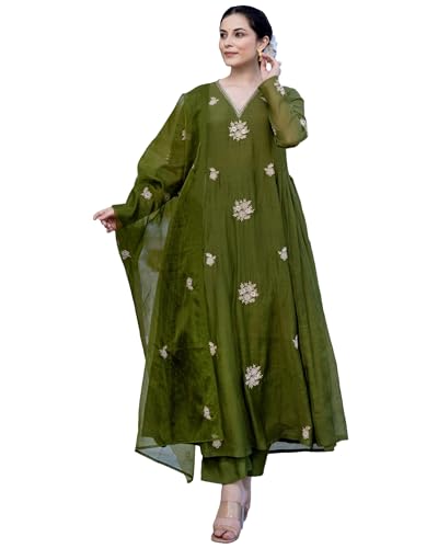 Gosriki WomenS Rayon Viscose Anarkali Embroidery Kurta With Pant And Dupatta (Absan Methi-Vks01-Gs_Xxl_Methi_Xx-Large) Green