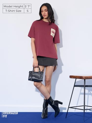 The Souled Store Oversized T-Shirt: Emergency Women and Girls Short Sleeves Round Neck Red Embellished Cotton Oversized T-Shirts