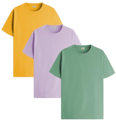 ADRO Men's Solid Regular Fit T-Shirt (RCM3-PLN-PU-MU-PT_Purple,Mustard,Pista