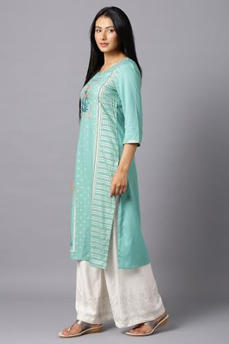 Aurelia Women? Mughal Printed Thread Embroidery Straight Kurta | Lightweight Round Neck Kurta for Women | Mughal Printed Kurta for Women | Beautiful Regular Fit Kurta for Women