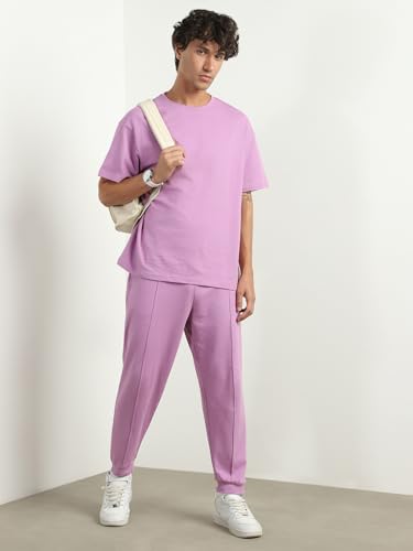 Nobero Men Cotton Blend Solid Mauve Oversized Moses - Pink Popcorn Textured Co-Ord Set - Crew-Neck T-Shirt & Joggers Set