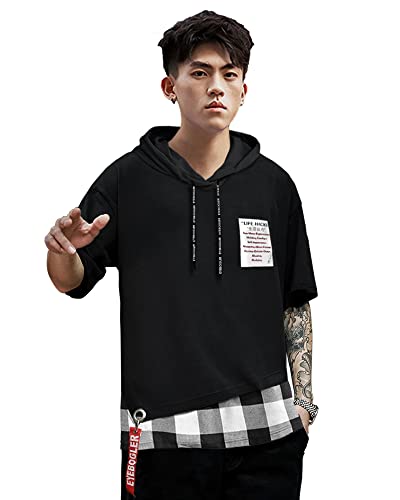 EYEBOGLER Mens Trendy Hooded Neck Half Sleeves Loose Fit Colorblocked T-Shirt Black White