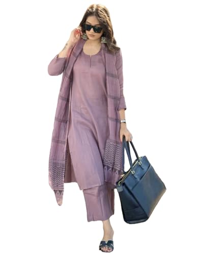 GoSriKi Womens Rayon Blend Straight Solid Kurta with Pant & Dupatta (Raja Saab Purple-VKS01-GS_3XL_Purple_XXX-Large)