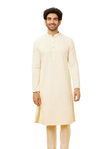 Manyavar Mens Cream Viscose Kurta Pyjama Set
