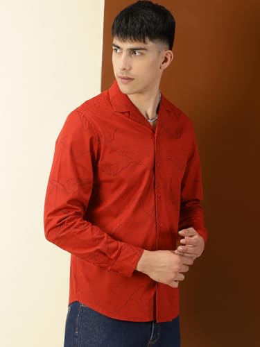 Thomas Scott Mens 100% Cotton Printed Regular Fit Casual Shirt - Orange