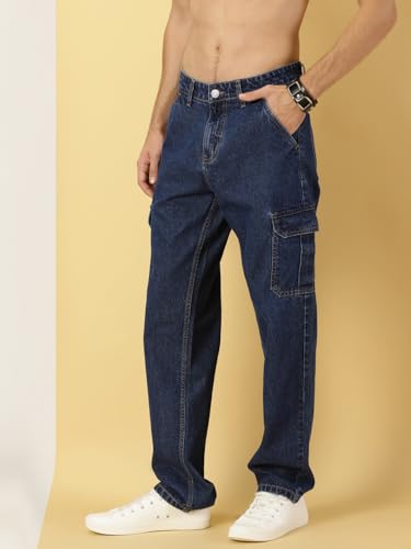 Thomas Scott Men Comfort Relaxed Fit Clean Look Light Fade Pure Cotton Cargo Jeans