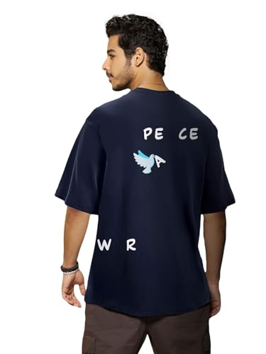 Bewakoof MenS Printed 100% Cotton T-Shirt - Oversized Fit, Round Neck, Half Sleeves Blue