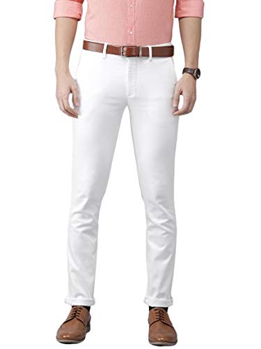 Turtle Men Cotton Stretch Off White Self Design Ultra Slim Fit Flat Front Casual Trouser