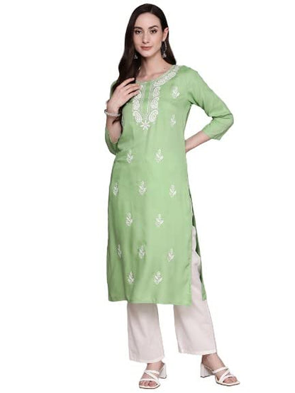 anubhutee Women's Viscose Rayon Green Thread Work Ethnic Motifs Embroidered Straight Kurta
