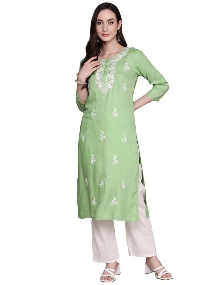 anubhutee Women's Viscose Rayon Green Thread Work Ethnic Motifs Embroidered Straight Kurta