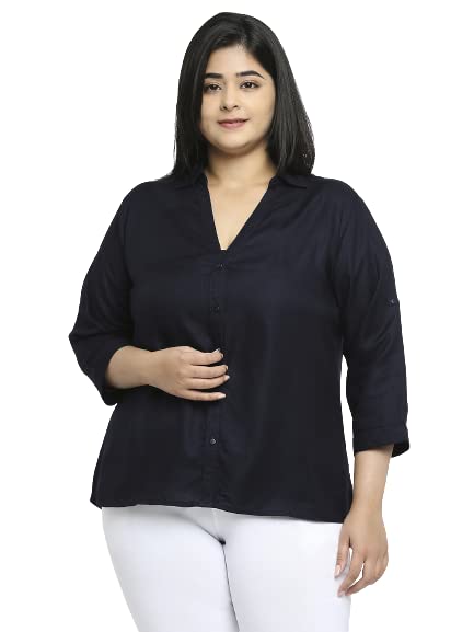 Style Quotient Women Navy Blue Solid Plus Size Shirts