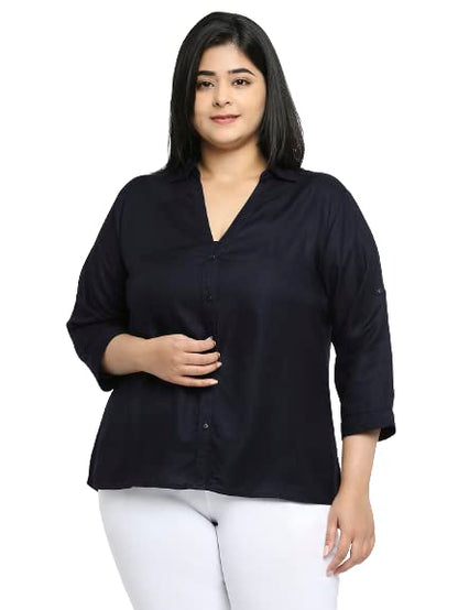 Style Quotient Women Navy Blue Solid Plus Size Shirts